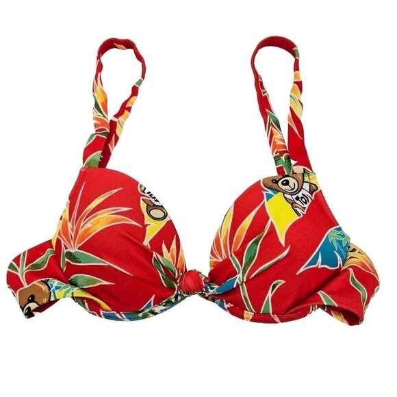 Moschino Swim Teddy Bear Tropical Bikini Top Red Women’s Size 32 XS Preppy Beach - Picture 1 of 8